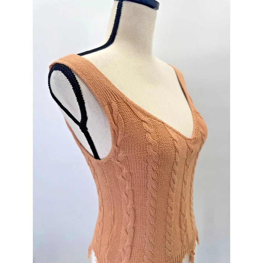 Boho Festival Cable Knit Crochet V-Neck Top Small Fringe Tan Coral Western Beach